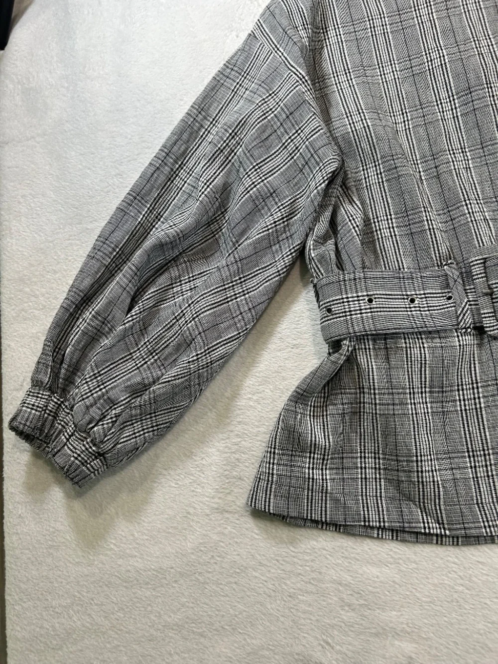 Zara TRF Plaid Balloon Sleeve Belted Blouse Top Black White Zipper Back Sz M